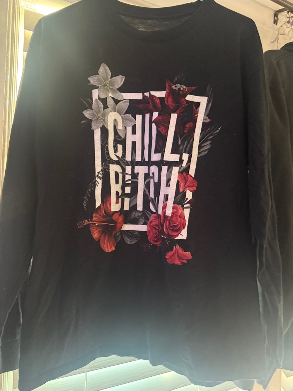 Women’s Large Black Long-Sleeve Tee with Floral 'Chill, B*tch' Slogan